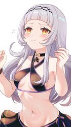  absurdres arched_bangs bare_shoulders bikini bikini_skirt black_bikini black_skirt blush breasts closed_mouth cowboy_shot criss-cross_halter female grey_hair hairband halterneck highres hololive kudoukudokudo long_hair looking_at_viewer murasaki_shion murasaki_shion_(hololive_summer_2019) navel no_headwear official_alternate_costume sidelocks skirt sling_bikini_top small_breasts solo stomach swimsuit twitter_suki virtual_youtuber w_arms yellow_eyes 