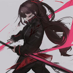  ass black_jacket black_pantyhose brown_hair chuhaibane eyepatch female grey_background grey_eyes hair_ribbon half_updo highres holding holding_sheath holding_sword holding_weapon jacket library_of_ruina long_hair long_sleeves looking_at_viewer medical_eyepatch pantyhose project_moon red_ribbon red_skirt ribbon sheath simple_background skirt solo sword tenma_(project_moon) unsheathing very_long_hair weapon 