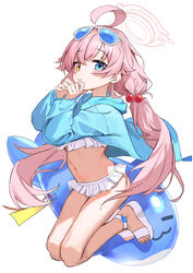  absurdres ahoge aqua_jacket beads bikini bikini_under_clothes blue_archive blue_jacket blush eyewear_on_head feet female frilled_bikini frills full_body hair_beads hair_bobbles hair_ornament halo haruyuki_(gffewuoutgblubh) heterochromia highres hood hooded_jacket hoshino_(blue_archive) hoshino_(swimsuit)_(blue_archive) inflatable_orca inflatable_toy jacket legs legs_folded long_hair long_sleeves looking_at_viewer navel official_alternate_costume pink_hair platform_footwear sand sandals simple_background solo stomach swimsuit tinted_eyewear toenails toes twintails very_long_hair white_background white_bikini 