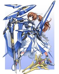  armored_boots black_gloves black_socks blue_background boots border bow breasts brown_hair english_commentary female fortress_(nanoha) full_body gloves gradient_background hair_between_eyes head_tilt high_heel_boots high_heels highres holding holding_weapon jacket long_hair long_sleeves looking_at_viewer lyrical_nanoha mahou_senki_lyrical_nanoha_force medium_breasts purple_eyes raising_heart raising_heart_(standalone_flight_mode) shield side_ponytail smile socks solo strike_cannon takamachi_nanoha weapon white_background white_border white_bow white_jacket yorousa_(yoroiusagi) 