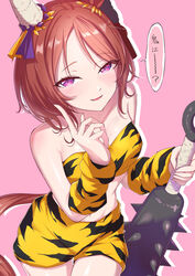  absurdres animal_ears animal_print arm_warmers bandeau bare_shoulders brown_hair club_(weapon) commentary_request fake_horns female from_above hand_up highres holding holding_weapon horns horse_ears horse_girl horse_tail kanabou looking_at_viewer midriff navel oni_horns pink_background purple_eyes sakura_laurel_(oni_laurel)_(umamusume) sakura_laurel_(umamusume) same_kujira_(challenger_310) smile solo spiked_club stomach strapless tail tiger_print tube_top umamusume umamusume:_star_blossom weapon 