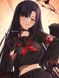  ;) absurdres armband artist_name black_choker black_gloves black_hair black_halo black_serafuku black_wings blue_archive breasts choker female gloves hair_ornament hairclip halo highres ichika_(blue_archive) index_finger_raised kenn_artz long_hair long_sleeves looking_at_viewer medium_breasts midriff navel neckerchief one_eye_closed red_armband red_neckerchief school_uniform serafuku smile solo unusually_open_eyes wings 