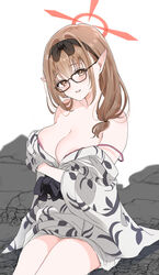  absurdres bath_yukata blue_archive blush breasts brown-framed_eyewear chinatsu_(blue_archive) chinatsu_(hot_spring)_(blue_archive) cleavage female glasses halo highres japanese_clothes kimono large_breasts light_brown_hair long_hair long_sleeves looking_at_viewer obi official_alternate_costume open_mouth pointy_ears red_halo ririnono_(sakuraba77) sash smile solo white_kimono wide_sleeves yellow_eyes yukata 