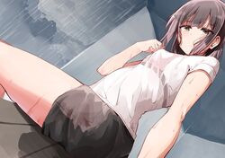  bench black_shorts bra_visible_through_clothes breasts brown_eyes brown_hair bus_stop cloud dutch_angle expressionless female grey_sky harukana_receive looking_at_viewer mixed-language_commentary nyoijizai rain shirt shirt_tug shorts sky small_breasts solo thighs tooi_narumi wet white_shirt 