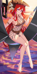  arknights bare_shoulders barefoot belt belt_buckle bikini black_bikini bowlp breasts brown_belt brown_headwear buckle chains cleavage closed_mouth collarbone commentary_request female food hair_between_eyes hand_up hat highres holding holding_food horns long_hair medium_breasts popsicle purple_eyes red_hair sitting smile solo spikes sun_hat sunset surtr_(arknights) swimsuit very_long_hair water 