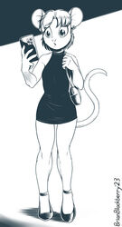  2023 anthro brian_mcpherson cellphone clothing dress ear_piercing ear_ring electronics female footwear inks mammal monochrome mouse murid murine phone piercing purse rachel_(brian_mcpherson) ring_piercing rodent shoes smartphone solo wood_mouse worried_look 