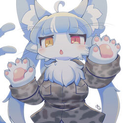  1:1 2023 5_fingers ahoge anthro bayachao big_ears biped blue_body blue_ears blue_fur blue_hair blue_inner_ear blue_tail blush breasts brown_clothing brown_topwear camo camo_clothing camo_print camo_topwear cheek_tuft chest_tuft chibi claws clothed clothing colored countershade_face countershade_fur countershade_hands countershading cute_fangs digital_media_(artwork) domestic_cat eyelashes facial_tuft felid feline felis female finger_claws fingerpads fingers forked_tail front_view fur grey_claws hair half-length_portrait handpaw heterochromia hi_res inner_ear_fluff japan_air_self-defense_force kemono looking_at_viewer mammal monotone_tail mtf_crossgender multicolored_body multicolored_fur omaneko_(jasdf) open_mouth orange_eyes pattern_clothing pattern_topwear pawpads paws pink_eyes pink_pawpads pink_tongue portrait pupils rule_63 shaded signature simple_background slit_pupils solo standing tail tongue topwear tuft twintails twintails_(hairstyle) two_tone_body two_tone_fur unusual_anatomy unusual_tail whiskers white_background white_body white_countershading white_fur white_inner_ear_fluff 