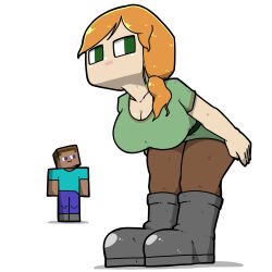  1boy alex_(minecraft) bent_over boots breasts brown_pants cleavage collarbone female green_eyes green_shirt grey_footwear hair_over_shoulder highres large_breasts legs_together long_hair low_ponytail minecraft name_omoitukan2 orange_hair pants shadow shirt short_sleeves simple_background standing steve_(minecraft) white_background 