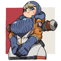  apex_legends blonde_hair blue_eyes blue_gloves breasts closed_mouth female gloves highres hood hood_down hooded_jacket jacket large_breasts lichtenberg_figure name_omoitukan2 open_clothes open_jacket orange_jacket own_hands_together scar scar_on_cheek scar_on_face short_hair smile solo v_arms wattson_(apex_legends) 