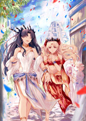  4girls absurdres alternate_costume bandana bare_shoulders black_hair blonde_hair bracelet dress earrings ereshkigal_(fate) fate/grand_order fate_(series) highres ishtar_(fate) jewelry mash_kyrielight medusa_(fate) medusa_(lancer)_(fate) multiple_girls red_bandana red_eyes red_skirt shawl siblings sisters skirt sleeveless sleeveless_dress sodamachi tiara two_side_up white_dress 