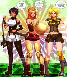  3girls alex_(totally_spies) armor armored_boots black_hair blake_belladonna_(cosplay) blonde_hair blue_eyes boots brown_eyes cartoon_network clover_(totally_spies) cosplay crossover dark_skin female green_eyes group human jadenkaiba pale_skin pyrrha_nikos_(cosplay) red_hair rwby sam_(totally_spies) short_hair totally_spies trio weapon yang_xiao_long_(cosplay) 