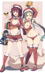  arm_up atelier_(series) atelier_firis atelier_lydie_&amp;_suelle bikini blood boots bow brown_eyes camera christmas firis_mistlud front-tie_bikini_top front-tie_top gift green_eyes grey_hair hairbow highres liane_mistlud long_hair nosebleed open_mouth red_hair sack santa_costume short_hair smile sophie_neuenmuller swimsuit yanu 