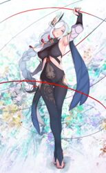  abstract_background absurdres arm_up armpits ass_visible_through_thighs black_bodysuit black_gloves blue_eyes blue_nails blush bodysuit braid breast_curtain breast_curtain_lift breasts bridal_gauntlets chinese_knot clothing_cutout commentary covered_navel crossed_legs detached_sleeves earrings english_commentary female fingerless_gloves full_body genshin_impact gloves gold_trim hair_ornament hair_over_one_eye highres hip_vent jewelry large_breasts lips long_braid long_hair looking_up low-tied_long_hair nail_polish navel_cutout parted_bangs parted_lips qweeliart shenhe_(genshin_impact) single_earring solo standing string tassel tassel_earrings thigh_gap toenail_polish toenails watson_cross white_hair 