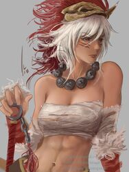  bandages bandeau bare_shoulders chest_sarashi commentary facial_mark female fire_emblem fire_emblem_fates grey_background highres jewelry justin_paul midriff navel necklace red_eyes rinkah_(fire_emblem) sarashi simple_background solo stomach strapless tube_top upper_body whisker_markings white_hair 