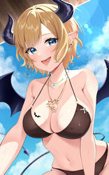  absurdres bat_tattoo bikini black_bikini black_horns blonde_hair blue_eyes blue_sky breast_tattoo breasts cleavage commentary day demon_girl demon_horns demon_tail demon_wings female from_below heart heart_necklace highres hololive horns jewelry large_breasts lens_flare looking_at_viewer mogmog_megmog navel necklace outdoors pointy_ears short_hair single_sidelock sky solo stomach swept_bangs swimsuit tail tattoo tongue tongue_out virtual_youtuber winged_heart wings yuzuki_choco 