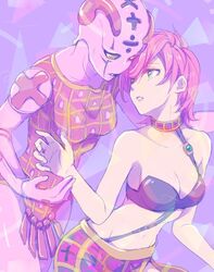  0aoiurn0 1other bandeau choker commentary_request cowboy_shot female green_hair jojo_no_kimyou_na_bouken looking_at_another math parted_lips pink_hair purple_theme short_hair spice_girl_(stand) stand_(jojo) trish_una 