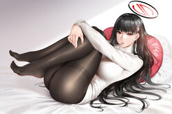  ass black_hair black_panties black_pantyhose blue_archive blunt_bangs breasts bright_pupils easonx english_commentary feet female food food_in_mouth hair_ornament hairclip halo highres huge_breasts knees_up legs long_hair long_sleeves lying mixed-language_commentary no_shoes on_back panties panties_under_pantyhose pantyhose pocky pocky_in_mouth red_eyes rio_(blue_archive) solo sweater thighband_pantyhose toes turtleneck turtleneck_sweater underwear variant_set very_long_hair white_sweater 