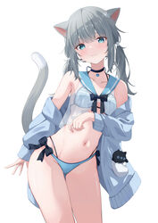  :3 absurdres animal_ears aqua_eyes bare_shoulders bikini black_bow black_bowtie black_choker blue_bikini blue_jacket blue_sailor_collar blunt_bangs blush bow bow_bikini bowtie cat_ears cat_girl cat_tail choker closed_mouth collarbone commentary cowboy_shot female grey_hair hair_between_eyes hair_ornament halterneck head_tilt highres indie_virtual_youtuber jacket leaning_to_the_side long_sleeves looking_at_viewer medium_hair nachoneko navel off_shoulder puffy_long_sleeves puffy_sleeves sailor_bikini sailor_collar see-through shinshia_(sinsia_0928) simple_background solo stomach swimsuit tail thigh_gap thighs twintails virtual_youtuber white_background 