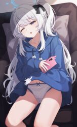  blue_archive blue_halo blue_hoodie braid cellphone commentary couch crown_braid feet_out_of_frame female grey_hair halo highres holding holding_phone hood hoodie long_hair long_sleeves miyako_(blue_archive) miyako_(young)_(blue_archive) official_alternate_costume one_eye_closed one_side_up open_mouth panties phone ripnte sitting smartphone solo underwear white_panties 