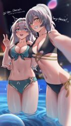  2girls absurdres bikini black_bikini black_hairband breasts cleavage commentary cruzvu english_commentary firefly_(honkai:_star_rail) grey_hair grin groin hairband hand_up highres honkai:_star_rail honkai_(series) long_hair looking_at_viewer medium_breasts multiple_girls navel purple_eyes side-tie_bikini_bottom smile standing stelle_(honkai:_star_rail) stomach swimsuit thighs trailblazer_(honkai:_star_rail) v very_long_hair w wading water yellow_eyes 