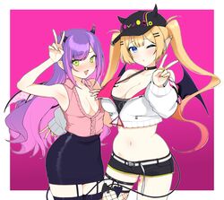  2girls absurdres armpits barbell_piercing bibi_(tokoyami_towa) black_horns black_tank_top blonde_hair blue_eyes blush breast_tattoo breasts choker cleavage colored_inner_hair cosplay costume_switch cropped_jacket demon_girl demon_horns demon_tail demon_wings ear_piercing fake_horns fishnet_thighhighs fishnets frilled_shirt frills green_eyes green_nails hair_ornament hairclip hand_on_own_chest hand_up hat highres hololive horn_ornament horned_headwear horns industrial_piercing jacket lab_coat lace-trimmed_skirt lace_trim large_breasts legwear_garter long_hair long_sleeves looking_at_viewer multicolored_hair multicolored_nails multiple_girls nail_polish navel navel_piercing o-ring o-ring_choker okunin one_eye_closed open_mouth piercing pink_hair pink_nails pink_shirt pointy_ears purple_hair shirt shorts simple_background single_legwear_garter skirt smile streaked_hair swept_bangs tail tail_ornament tail_piercing tank_top tattoo thighhighs tokoyami_towa tokoyami_towa_(1st_costume) tokoyami_towa_(cosplay) twintails v virtual_youtuber white_jacket winged_heart winged_heart_tattoo wings yuzuki_choco yuzuki_choco_(1st_costume) yuzuki_choco_(cosplay) 