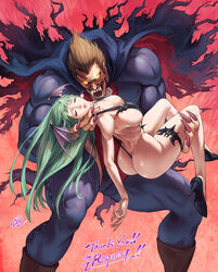  1boy aqua_hair ass biceps breasts brown_hair cape carrying claws closed_eyes commentary_request commission demitri_maximoff english_text fangs female fingernails fujii_eishun glowing glowing_eyes head_wings high_heels highres imminent_bite large_breasts morrigan_aensland muscular muscular_male pointy_ears princess_carry sharp_fingernails sharp_teeth slingshot_swimsuit swimsuit teeth thank_you thigh_strap thighhighs thighs toned toned_female torn_cape torn_clothes unconscious vampire vampire_(game) wings 