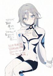  black_hair blue_eyes bodysuit breasts c_uino cleavage cleavage_cutout clothing_cutout cosplay female fu_hua highres honkai_(series) honkai_impact_3rd invisible_chair kiana_kaslana kiana_kaslana_(white_comet) kiana_kaslana_(white_comet)_(cosplay) long_hair looking_at_viewer open_mouth ponytail simple_background sitting small_breasts solo watermark white_background white_bodysuit 