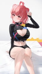  absurdres alternate_costume belt bikini black_belt black_bikini black_collar black_shorts black_shrug blush breasts chest_belt cleavage closed_mouth collar cosplay double_bun female hair_bun highres large_breasts long_hair long_sleeves looking_at_viewer midriff muchi2p navel nekota_tsuna nekota_tsuna_(1st_costume) nekota_tsuna_(cosplay) paint_splatter paw_pose pink_eyes pink_hair red_hair short_shorts shorts sitting sleeves_past_wrists stomach swimsuit thighs torn_clothes torn_sleeves virtual_youtuber vspo! yumeno_akari 