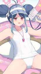  absurdres antenna_hair blue_archive blue_hair blush breasts cowboy_shot double_bun female fubuki_(blue_archive) fubuki_(swimsuit)_(blue_archive) hair_bun halo highres holding holding_megaphone hotarihotaru looking_at_viewer megaphone multicolored_hair official_alternate_costume one-piece_swimsuit open_mouth pink_halo red_eyes school_swimsuit short_hair small_breasts solo swimsuit whistle whistle_around_neck white_one-piece_swimsuit 