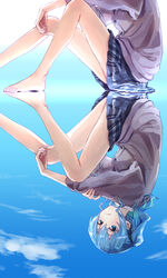  absurdres alternate_costume aqua_hair bare_legs barefoot blue_eyes blue_hair blue_skirt blue_sky breasts cardigan closed_mouth cloud cloudy_sky collared_shirt crossed_bangs day eyelashes feet female foot_out_of_frame gradient_hair grey_cardigan hair_between_eyes hand_on_own_arm highres hololive hoshimachi_suisei knees_up legs long_hair long_legs long_sleeves looking_at_viewer miniskirt multicolored_hair plaid plaid_skirt pleated_skirt reflection school_uniform shiny_skin shirt side_ponytail sidelocks sitting skirt sky small_breasts solo star_(symbol) star_in_eye symbol_in_eye thighs toenails toes virtual_youtuber white_shirt yami_ara 