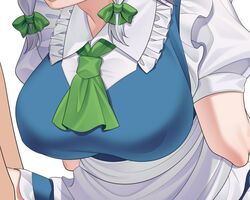  apron ascot blue_dress breast_focus breasts collared_shirt commentary dress female frilled_dress frilled_shirt_collar frills green_ascot green_ribbons grey_hair guumin hair_ribbon head_out_of_frame izayoi_sakuya large_breasts puffy_short_sleeves puffy_sleeves ribbon shirt short_sleeves solo touhou white_apron white_shirt 