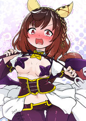  animal_ears breasts brown_eyes brown_hair buena_vista_(umamusume) cosplay covered_nipples embarrassed female hair_between_eyes hair_ornament headband horse_ears horse_tail kanzaki_ryuuto looking_at_viewer magia_baiser mahou_shoujo_ni_akogarete medium_breasts midriff navel pantyhose red_eyes simple_background solo sweat tail umamusume whip white_background 