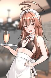  ahoge alternate_costume apron bikini black_bikini blurry blurry_background blush breasts brown_eyes brown_hair cup detached_collar enmaided female frilled_apron frills furaggu_(frag_0416) hand_on_own_hip highres holding holding_tray huge_ahoge kantai_collection kuma_(kancolle) long_hair maid maid_bikini maid_headdress oerba_yun_fang open_mouth small_breasts smile solo swimsuit tray unconventional_maid waist_apron white_apron 