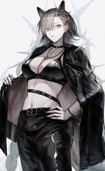  animal_ears arknights black_bra black_choker black_coat black_nails bra breasts choker coat donata_(donatasama) extra_ears grey_eyes grey_hair highres jewelry large_breasts leather leather_coat leather_pants midriff mole mole_above_eye mole_on_forehead navel necklace open_clothes open_coat pants penance_(arknights) tail underwear wolf_ears wolf_girl wolf_tail 