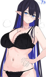  :o black_bra black_hair black_panties blue_archive blue_hair bra breasts cleavage colored_inner_hair female glasses halo hand_on_own_hip highres lace-trimmed_bra lace-trimmed_panties lace_trim large_breasts long_hair looking_at_viewer multicolored_hair navel panties parted_lips pointy_ears rin_(blue_archive) simple_background skindentation solo stomach tsumayouji_(tumayog) two-tone_hair underwear underwear_only very_long_hair white_background 