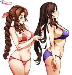  2girls aerith_gainsborough ass behind_another bikini black_hair braid braided_ponytail breasts brown_hair final_fantasy final_fantasy_vii from_side green_eyes large_breasts long_hair medium_breasts mina_cream multiple_girls navel purple_bikini red_bikini red_eyes stomach strap_gap swimsuit tifa_lockhart tying_another&#039;s_hair very_long_hair 