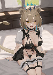  animal_ears bikini black_bow black_choker black_skirt blonde_hair blue_hair blue_nails bob_cut bow breasts bridal_garter choker collarbone commentary_request commission detached_sleeves female frilled_bikini frilled_choker frills hair_ornament halo hazumi_aileen heart_bikini highres indie_virtual_youtuber indoors large_breasts lion_ears lion_girl lion_tail mole mole_on_breast navel o-ring oerba_yun_fang parted_lips partial_commentary ramachiru short_sleeves skeb_commission skirt solo swimsuit tail virtual_youtuber window yellow_eyes 