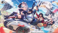  &gt;_&lt; 4girls ahoge animal_ears azur_lane back baltimore_(azur_lane) baltimore_(finish_line_flagbearer)_(azur_lane) bare_shoulders baseball_cap belt belt_pouch bikini black_bikini black_choker black_footwear black_gloves black_hair black_headwear black_jacket black_panties black_shorts black_thighhighs blue_bikini blue_headwear blue_jacket blue_shorts blue_sky blue_thighhighs boots breasts bridal_gauntlets brown_hair car checkered_flag choker cleavage cleavage_cutout clothing_cutout cloud cloudy_sky commentary confetti contrail convertible copyright_name cropped_jacket crossed_bangs crossed_legs day dress driving elbow_gloves english_commentary enterprise_(azur_lane) enterprise_(wind_catcher)_(azur_lane) eyewear_on_head eyewear_on_headwear falling flag fox_ears fox_girl fox_tail full_body gloves grey_belt gt-apex hair_between_eyes hair_through_headwear halter_dress halterneck hat high_heels high_ponytail highleg highleg_bikini highres jacket kitsune kyuubi lamborghini lamborghini_veneno large_breasts logo long_hair looking_at_viewer manjuu_(azur_lane) micro_shorts microskirt milestone_celebration miniskirt mismatched_bikini motion_blur motor_vehicle multiple_girls multiple_tails off_shoulder official_alternate_costume official_art on_vehicle open_clothes open_jacket open_mouth outdoors panties panty_straps parted_lips partially_fingerless_gloves peaked_cap pleated_skirt ponytail pouch purple_eyes race_queen race_vehicle racecar red-tinted_eyewear red_eyes red_jacket second-party_source shinano_(azur_lane) shinano_(moonlit_chrome)_(azur_lane) short_shorts shorts side_cutout side_ponytail sitting sitting_on_car skirt sky smile sports_car steering_wheel strap_pull string_bikini sunglasses swimsuit taihou_(azur_lane) taihou_(enraptured_companion)_(azur_lane) tail thigh_strap thighhighs thighhighs_under_boots thighs tinted_eyewear tire twitter_x_logo two-tone_headwear underwear watermark wheel white_belt white_hair white_headwear white_tail windshield yellow_eyes zettai_ryouiki 