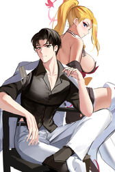  1boy black_eyes black_footwear black_hair black_shirt blonde_hair blue_archive blue_eyes breasts chair coat coat_on_shoulders collared_shirt commentary eyeshadow female halo high_ponytail highres large_breasts long_hair makeup okobo pants pina_(blue_archive) problem_solver_sensei_(blue_archive) red_eyeshadow red_halo sandals sensei_(blue_archive) shirt shoes short_hair simple_background sitting stone_(ksorede) white_background white_pants 