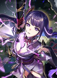  black_gloves black_thighhighs bridal_gauntlets female genshin_impact gloves highres holding holding_sword holding_weapon japanese_clothes kimono long_hair looking_at_viewer mole mole_under_eye nail_polish narahazime obi parted_lips purple_eyes purple_hair purple_kimono purple_nails raiden_shogun red_sash sash solo sword thighhighs weapon 