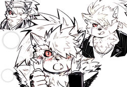  amaguri1500 anthro blush canid canine canis cupping_cheek domestic_dog embarrassed hair hair_over_eye lifewonders male mammal ponytail scar shino_(tas) tokyo_afterschool_summoners 