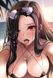  artist_name barcode barcode_tattoo bikini black_bikini black_hair blue_sky breasts cleavage cloud cloudy_sky day english_commentary eyewear_on_head female forehead goddess_of_victory:_nikke hair_over_one_eye heart heart-shaped_pupils jewelry large_breasts leaf looking_at_viewer maiden_(nikke) maiden_(under_the_sun)_(nikke) necklace nekoponart ocean open_mouth outdoors reaching reaching_towards_viewer red_eyes sky solo standing sun sunglasses swimsuit symbol-shaped_pupils tattoo teeth tongue tongue_out tongue_tattoo tree wet 