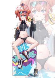  absurdres ahoge bikini black_bikini black_jacket blue_archive blue_eyes blush breasts closed_mouth double_bun eyewear_on_head female hair_between_eyes hair_bun halo highres holding holding_water_gun inapple jacket long_sleeves looking_at_viewer maki_(blue_archive) navel open_clothes open_jacket red_hair red_halo shoes short_hair simple_background sitting small_breasts smile solo spray_can sunglasses swimsuit tongue tongue_out water_gun white_background white_footwear zoom_layer 