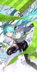  absurdres aqua_eyes aqua_hair asymmetrical_bodysuit black_bodysuit black_footwear black_gloves blurry bodysuit bodysuit_under_clothes boots commentary cropped_jacket crypton_future_media depth_of_field female flag floating_hair gloves goodsmile_racing hair_ornament hatsune_miku headphones highres holding holding_flag jacket leaning_forward long_hair long_sleeves looking_at_viewer nik_ibi race_queen racing_miku racing_miku_(2022) running see-through simple_background single_thigh_boot solo thigh_boots traffic_light twintails v-shaped_eyebrows very_long_hair vocaloid white_background white_jacket 