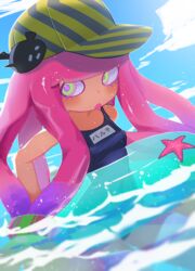  absurdres alternate_costume baseball_cap blue_one-piece_swimsuit blush breasts cloud clownfish drooling female fish green_eyes harmony&#039;s_clownfish_(splatoon) harmony_(splatoon) hat highres innertube long_hair looking_at_viewer name_tag old_school_swimsuit one-piece_swimsuit open_mouth outdoors partially_submerged pink_hair ppuna school_swimsuit sky small_breasts splatoon_(series) starfish striped_clothes striped_headwear swim_ring swimsuit tentacle tentacle_hair tropical_fish water 