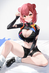  :3 absurdres alternate_hairstyle baggy_socks belt bikini black_belt black_bikini black_collar black_footwear black_shorts black_shrug blush breasts chest_belt cleavage collar double_bun female hair_bun highres large_breasts long_sleeves looking_at_viewer midriff muchi2p multicolored_hair navel nekota_tsuna nekota_tsuna_(1st_costume) orange_eyes orange_hair paint_splatter paw_pose red_hair short_hair short_hair_with_long_locks short_shorts shorts sitting sleeves_past_wrists socks spread_legs stomach streaked_hair swimsuit thighs torn_clothes torn_sleeves virtual_youtuber vspo! white_socks 