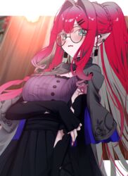  arm_under_breasts baobhan_sith_(fate) baobhan_sith_(swimsuit_pretender)_(fate) baobhan_sith_(swimsuit_pretender)_(second_ascension)_(fate) black_skirt blush breasts commentary_request detached_sleeves ear_piercing earrings fate/grand_order fate_(series) female glasses grey_eyes hair_intakes hair_ornament hairclip highres holding_own_arm jewelry kpaoi long_hair long_sleeves piercing pink_hair pointy_ears ponytail purple_shirt red_nails shirt sidelocks skirt 