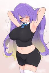  armpits black_shorts blush breasts commentary_request crop_top female hair_over_one_eye hands_in_hair highres hololive hololive_indonesia large_breasts long_hair midriff moona_hoshinova moona_hoshinova_(1st_costume) navel no_jacket purple_eyes purple_hair shorts simple_background sleeveless solo suica_koubou sweat thighhighs virtual_youtuber white_thighhighs 