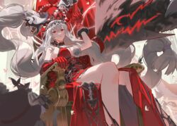  1boy 4girls absurdly_long_hair araiyme arknights arm_up artist_name bare_shoulders breasts cleavage commentary crown dress feet_out_of_frame floating_hair fur-trimmed_gloves fur_trim gladiia_(arknights) gloves grey_hair highres long_hair looking_up low-tied_long_hair multiple_girls official_alternate_costume parted_lips red_dress red_eyes red_gloves sitting sitting_on_throne skadi&#039;s_seaborn_(arknights) skadi_(arknights) skadi_the_corrupting_heart_(arknights) skadi_the_corrupting_heart_(red_countress)_(arknights) sleeveless sleeveless_dress solo_focus specter_(arknights) twintails ulpianus_(arknights) very_long_hair 