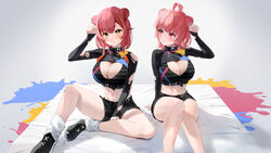  2girls :3 absurdres alternate_costume alternate_hairstyle baggy_socks belt bikini black_belt black_bikini black_collar black_footwear black_shorts black_shrug blush breasts chest_belt cleavage collar cosplay double_bun hair_bun highres large_breasts long_hair long_sleeves looking_at_another looking_at_viewer midriff muchi2p multicolored_hair multiple_girls navel nekota_tsuna nekota_tsuna_(1st_costume) nekota_tsuna_(cosplay) orange_eyes orange_hair paint_splatter paw_pose pink_eyes pink_hair red_hair short_hair short_hair_with_long_locks short_shorts shorts sitting sleeves_past_wrists socks spread_legs stomach streaked_hair swimsuit thighs torn_clothes torn_sleeves virtual_youtuber vspo! white_socks yumeno_akari 